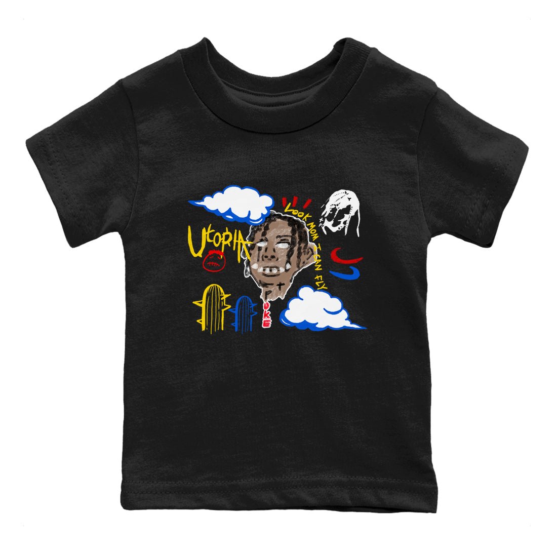 1s Travis Scott Canary shirts to match jordans I Can Fly t shirts to match sneakers Air Jordan 1 Retro Low OG SP Travis Scott Canary match shoes to clothes SNRT Sneaker Tees Youth Baby Black 2 tee