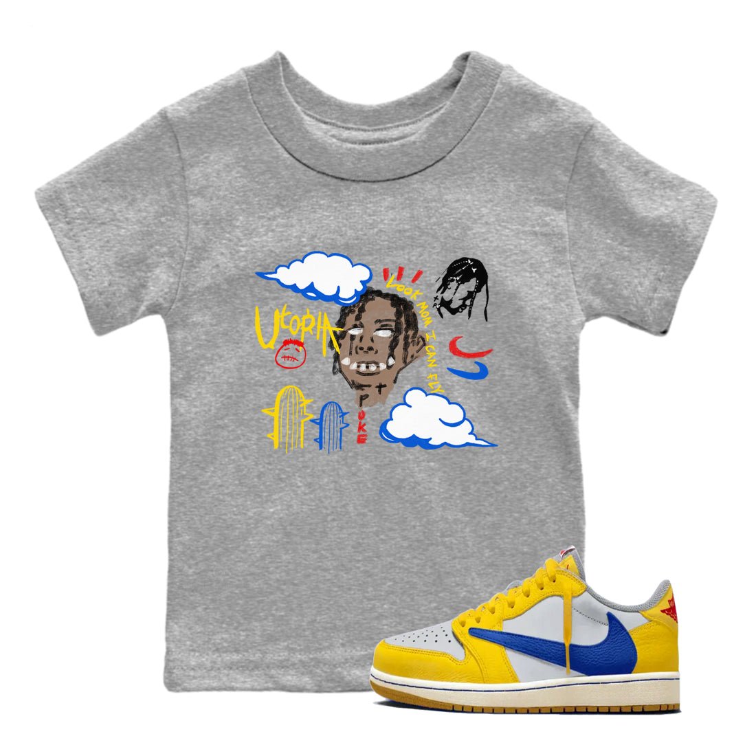 1s Travis Scott Canary shirts to match jordans I Can Fly t shirts to match sneakers Air Jordan 1 Retro Low OG SP Travis Scott Canary match shoes to clothes SNRT Sneaker Tees Youth Baby Heather Grey 1 tee