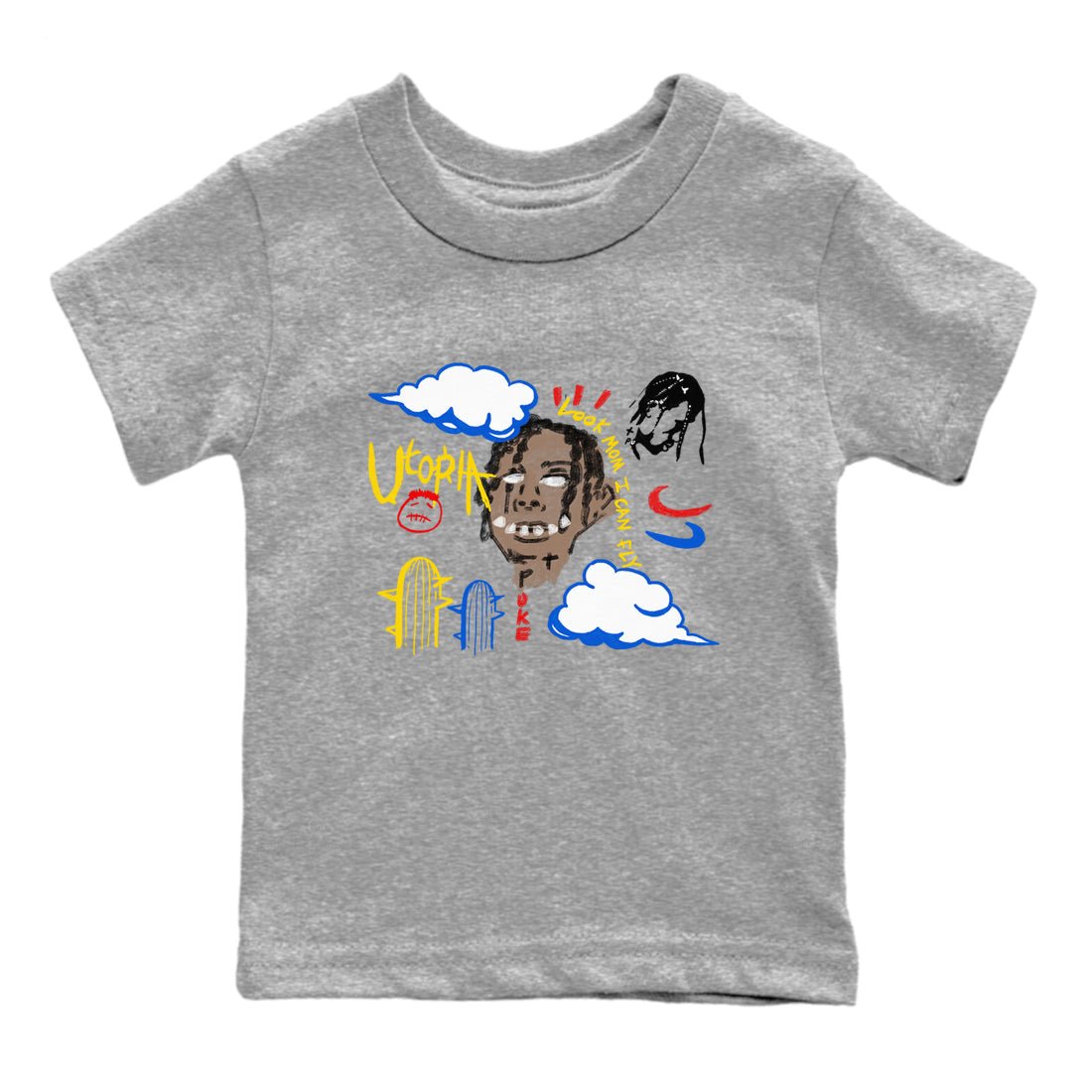 1s Travis Scott Canary shirts to match jordans I Can Fly t shirts to match sneakers Air Jordan 1 Retro Low OG SP Travis Scott Canary match shoes to clothes SNRT Sneaker Tees Youth Baby Heather Grey 2 tee