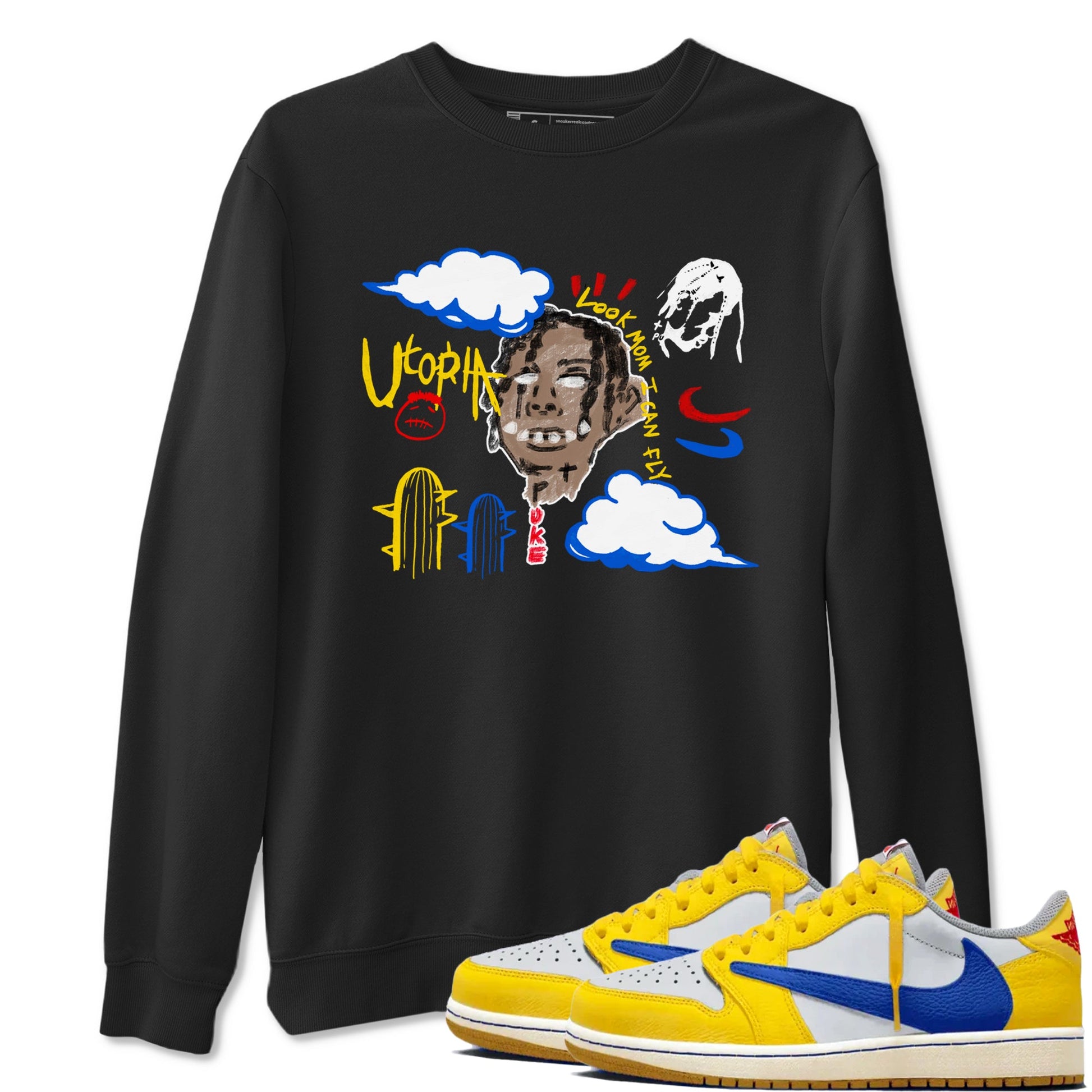 1s Travis Scott Canary shirts to match jordans I Can Fly t shirts to match sneakers Air Jordan 1 Retro Low OG SP Travis Scott Canary match shoes to clothes SNRT Sneaker Tees unisex cotton Black 1 shirts