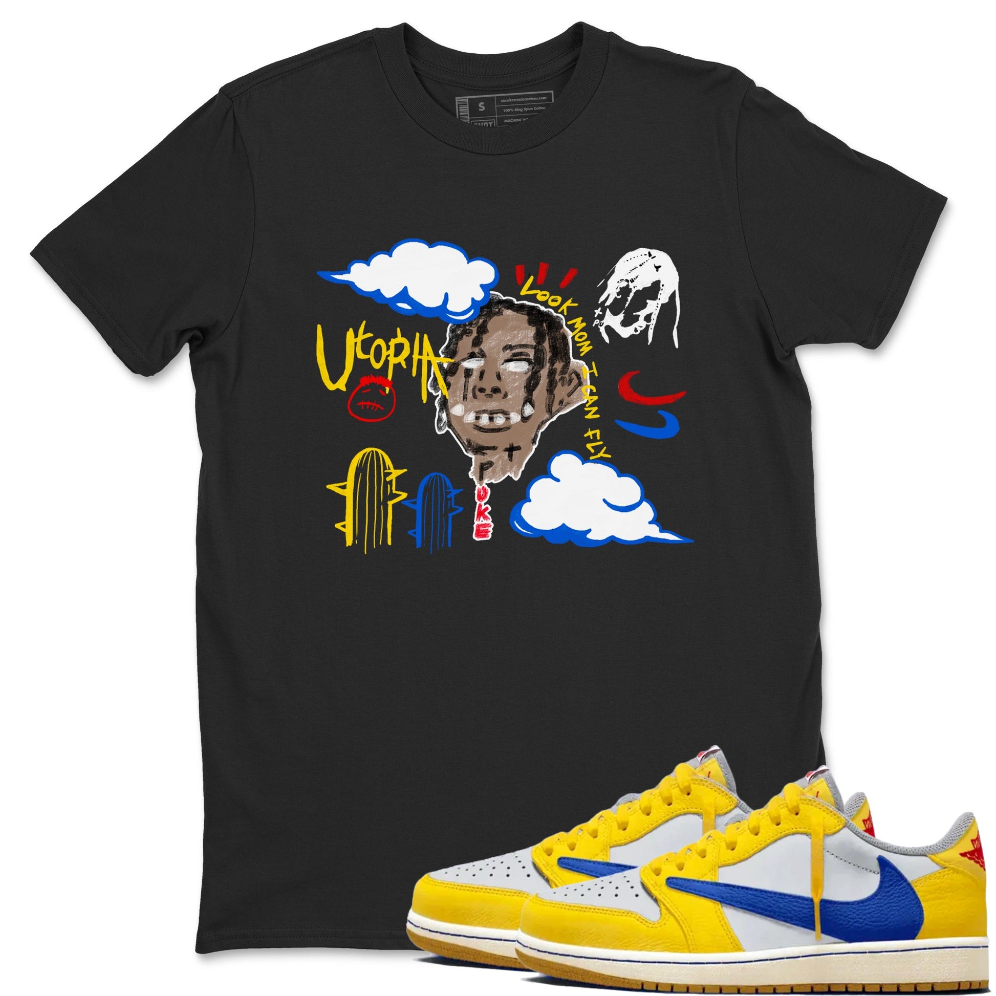 1s Travis Scott Canary shirts to match jordans I Can Fly t shirts to match sneakers Air Jordan 1 Retro Low OG SP Travis Scott Canary match shoes to clothes SNRT Sneaker Tees unisex cotton Black 1 shirts