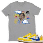 1s Travis Scott Canary shirts to match jordans I Can Fly t shirts to match sneakers Air Jordan 1 Retro Low OG SP Travis Scott Canary match shoes to clothes SNRT Sneaker Tees unisex cotton Heather Grey 1 shirts