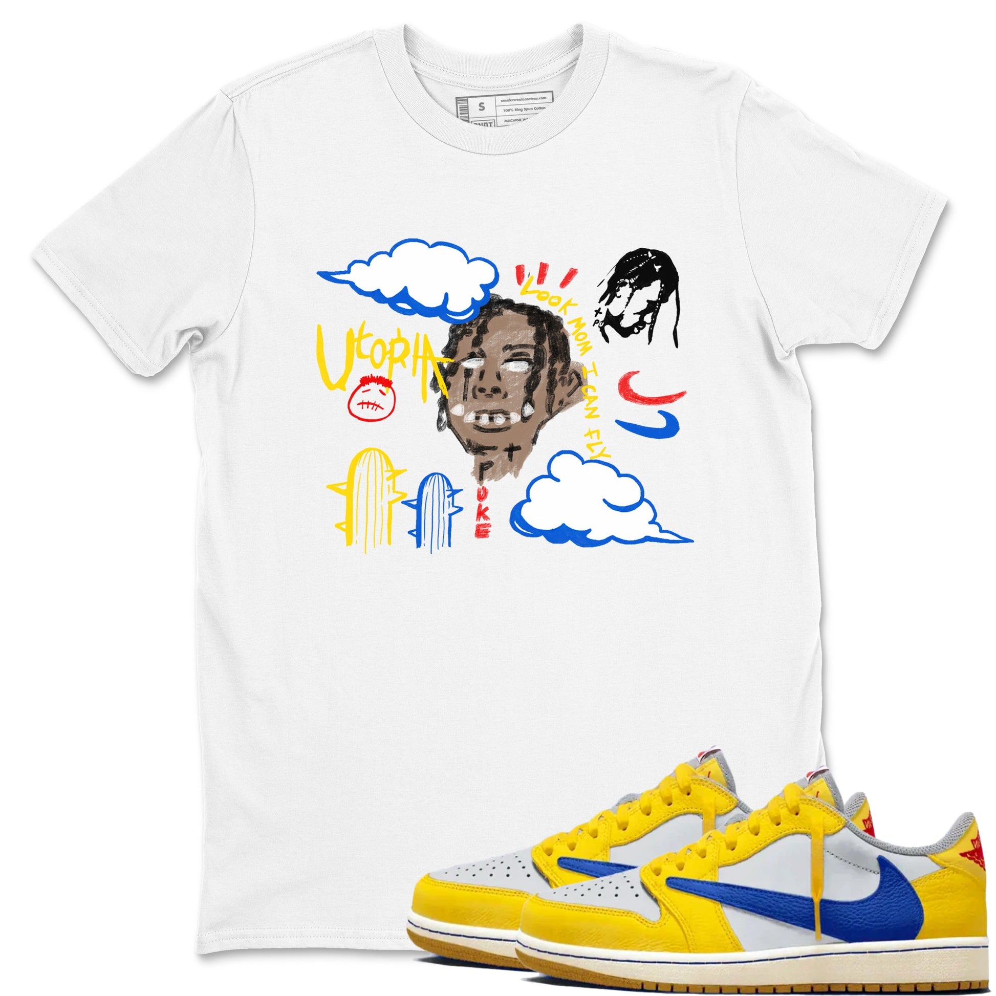 1s Travis Scott Canary shirts to match jordans I Can Fly t shirts to match sneakers Air Jordan 1 Retro Low OG SP Travis Scott Canary match shoes to clothes SNRT Sneaker Tees unisex cotton White 1 shirts