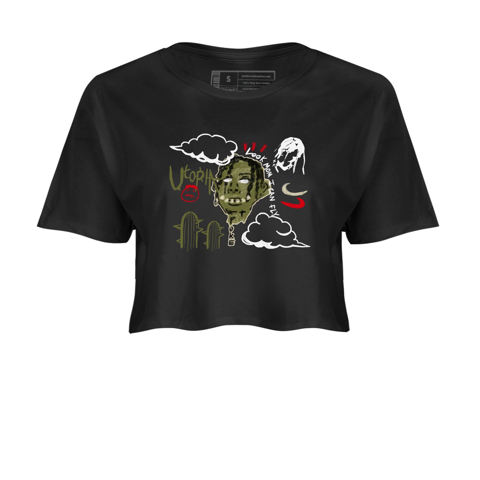 1s Travis Scott Medium Olive shirts to match jordans I Can Fly sneaker match tees Air Jordan 1 Travis Scott Medium Olive SNRT Sneaker Tees streetwear brand Black 2 crop tee