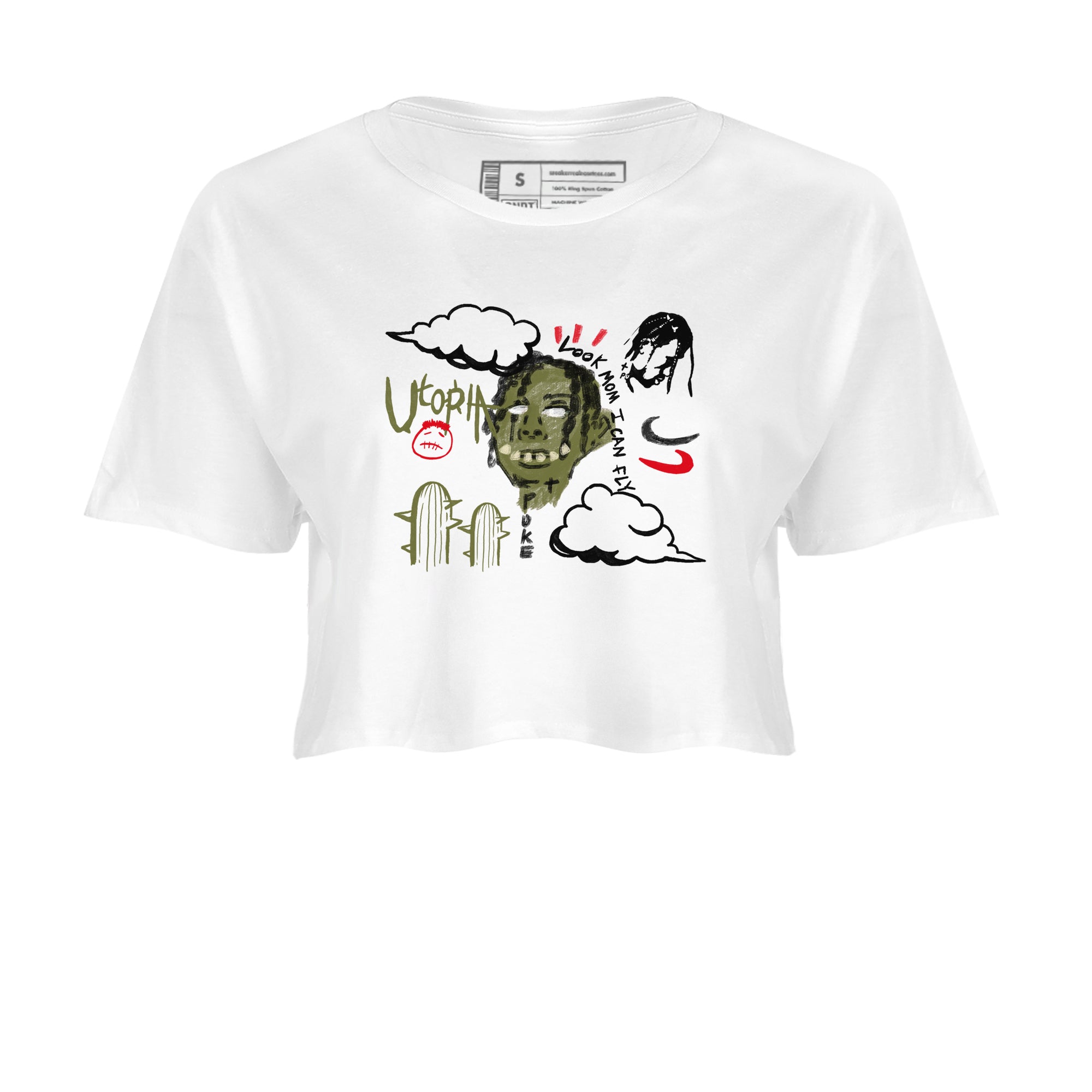 1s Travis Scott Medium Olive shirts to match jordans I Can Fly sneaker match tees Air Jordan 1 Travis Scott Medium Olive SNRT Sneaker Tees streetwear brand White 2 crop tee