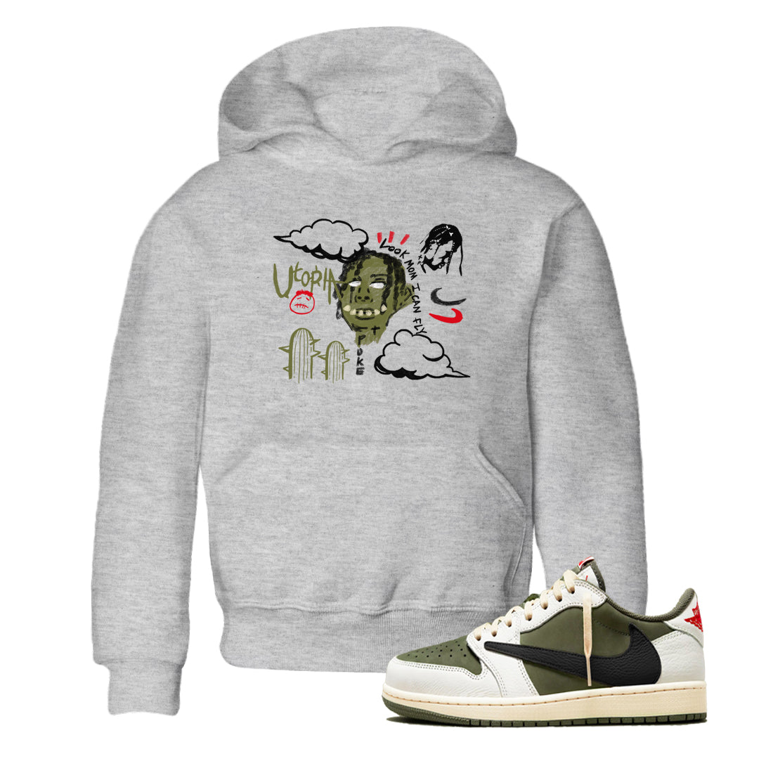 1s Travis Scott Medium Olive shirts to match jordans I Can Fly sneaker match tees Air Jordan 1 Travis Scott Medium Olive SNRT Sneaker Tees streetwear brand Baby and Youth Heather Grey 1 cotton tee