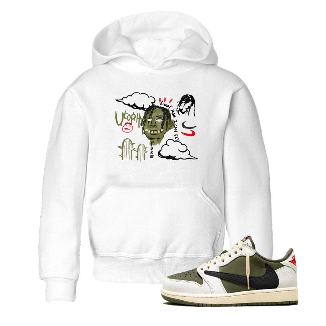 1s Travis Scott Medium Olive shirts to match jordans I Can Fly sneaker match tees Air Jordan 1 Travis Scott Medium Olive SNRT Sneaker Tees streetwear brand Baby and Youth White 1 cotton tee