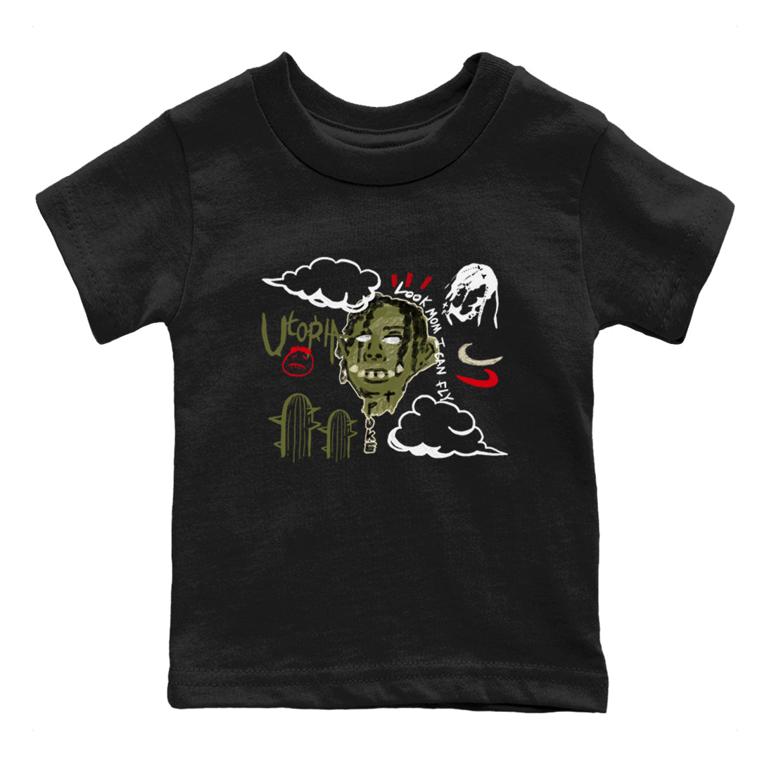 1s Travis Scott Medium Olive shirts to match jordans I Can Fly sneaker match tees Air Jordan 1 Travis Scott Medium Olive SNRT Sneaker Tees streetwear brand Baby and Youth Black 2 cotton tee