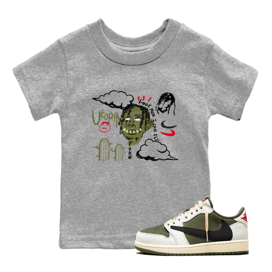 1s Travis Scott Medium Olive shirts to match jordans I Can Fly sneaker match tees Air Jordan 1 Travis Scott Medium Olive SNRT Sneaker Tees streetwear brand Baby and Youth Heather Grey 1 cotton tee