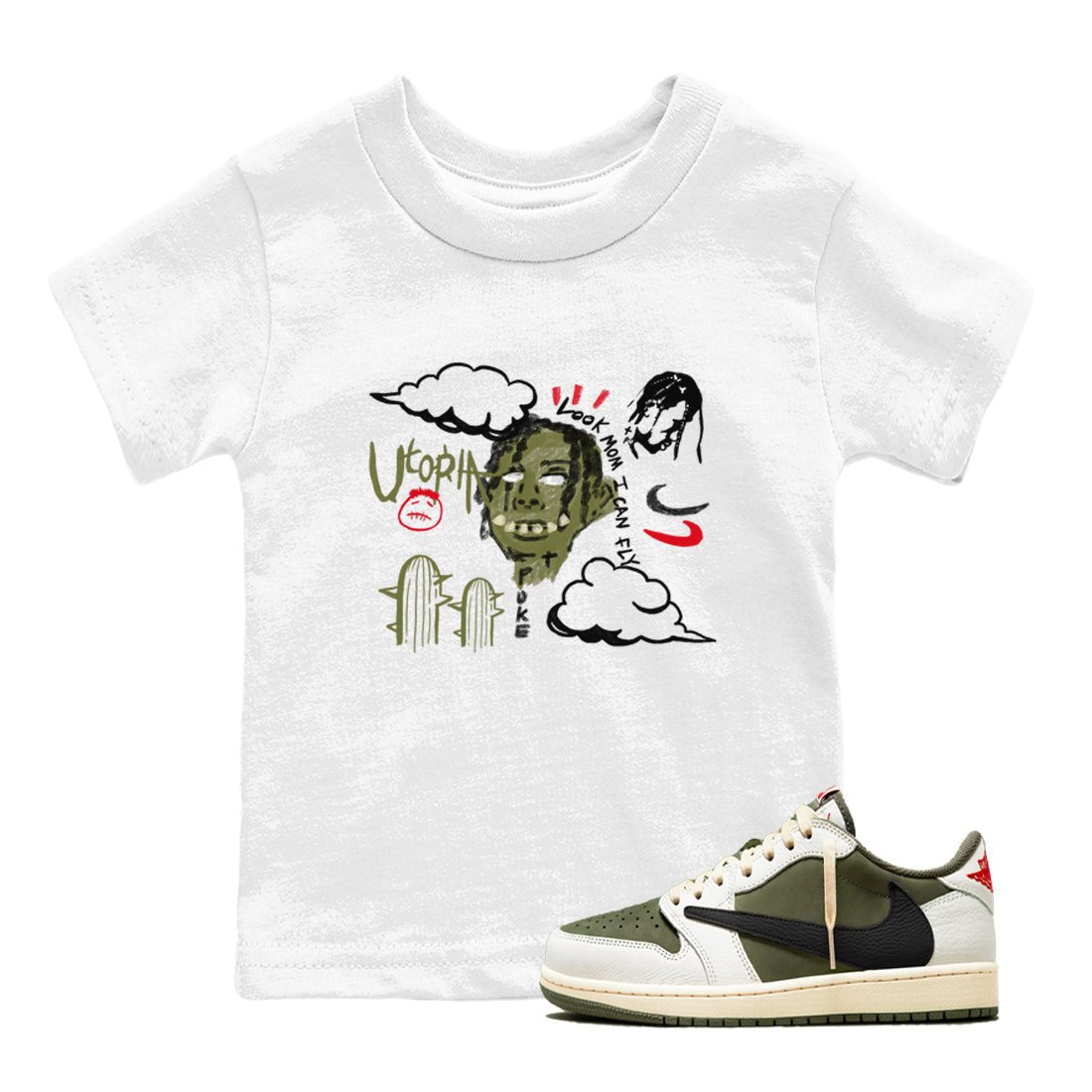 1s Travis Scott Medium Olive shirts to match jordans I Can Fly sneaker match tees Air Jordan 1 Travis Scott Medium Olive SNRT Sneaker Tees streetwear brand Baby and Youth White 1 cotton tee