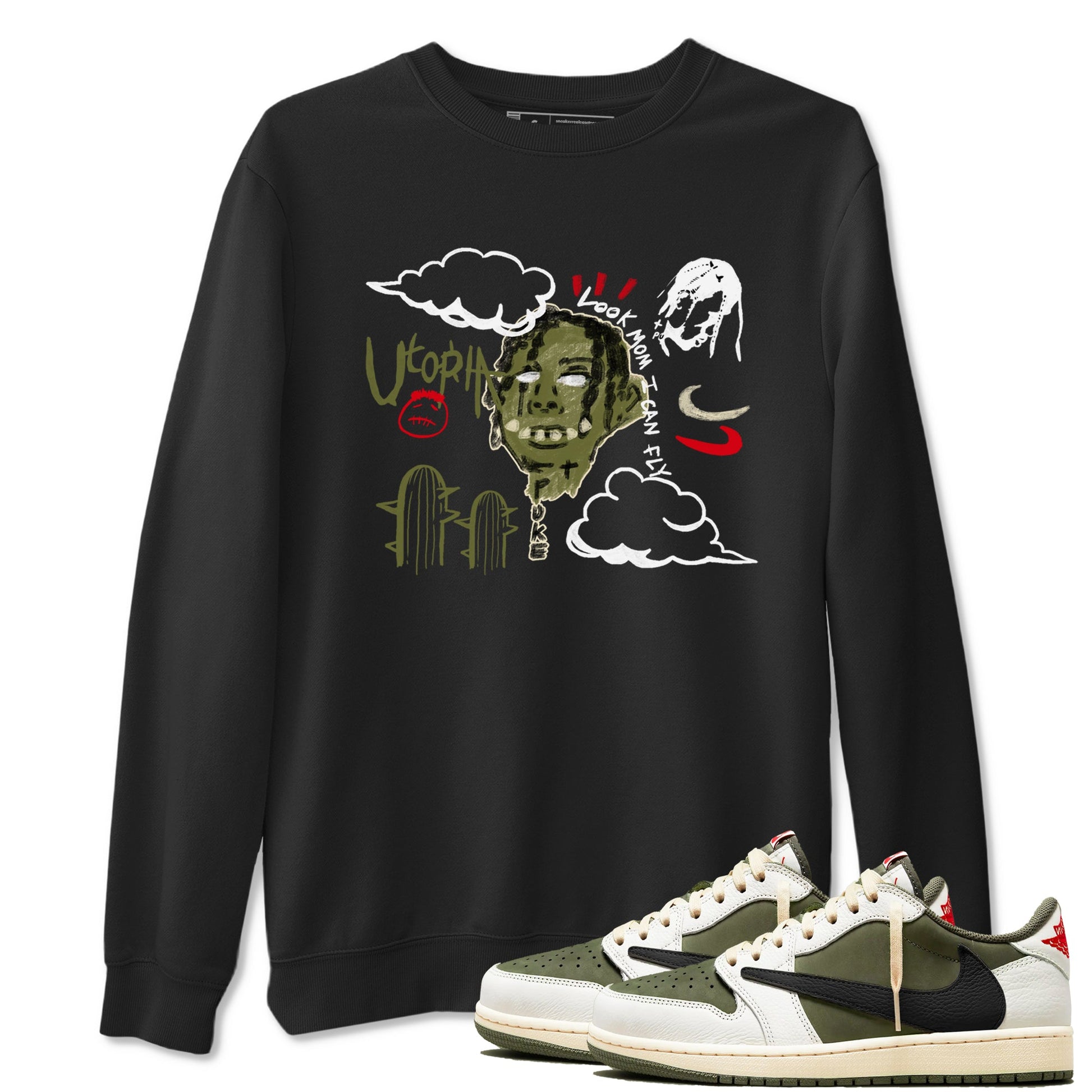 1s Travis Scott Medium Olive shirts to match jordans I Can Fly sneaker match tees Air Jordan 1 Travis Scott Medium Olive SNRT Sneaker Tees streetwear brand Black 1 unisex cotton tee