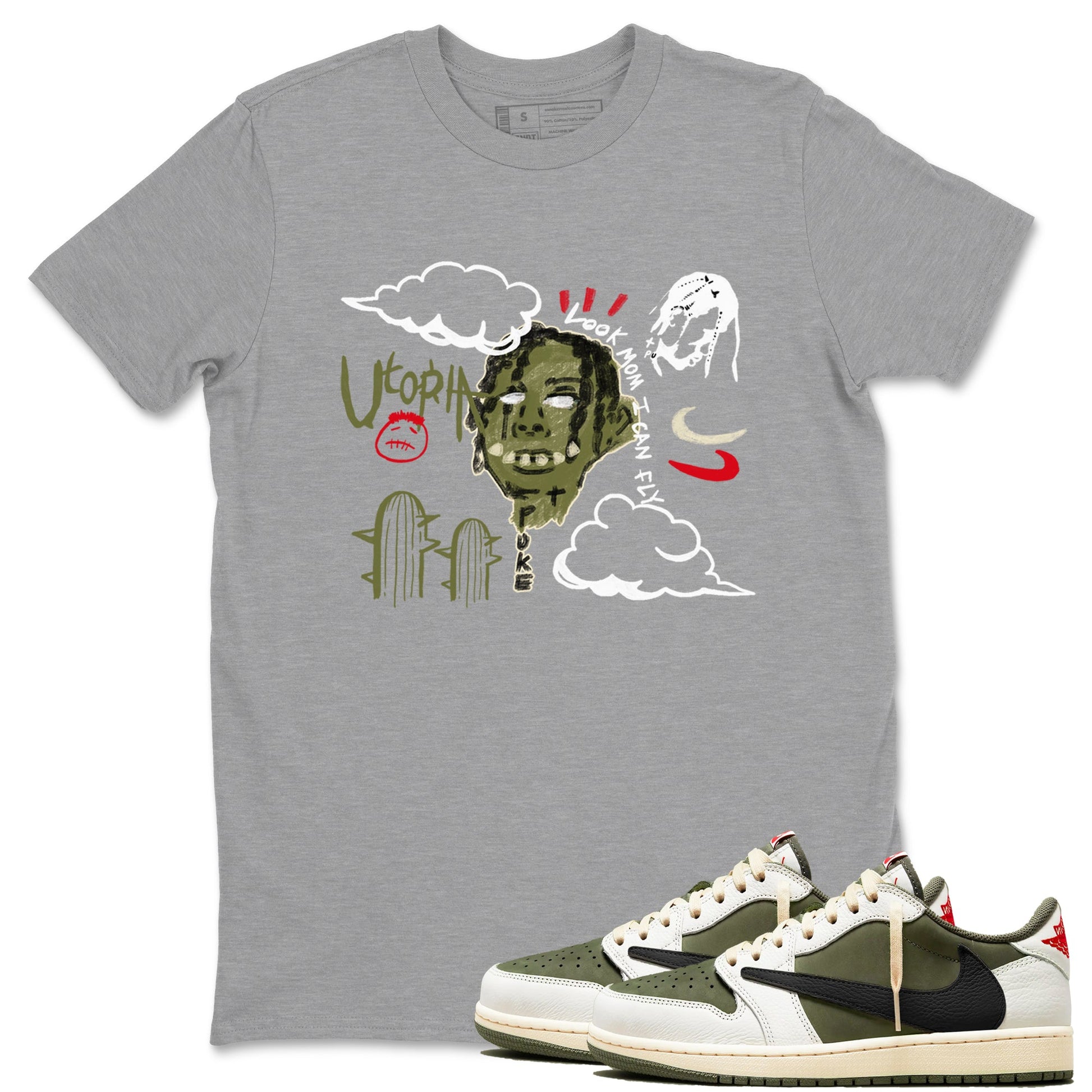 1s Travis Scott Medium Olive shirts to match jordans I Can Fly sneaker match tees Air Jordan 1 Travis Scott Medium Olive SNRT Sneaker Tees streetwear brand Heather Grey 1 unisex cotton tee