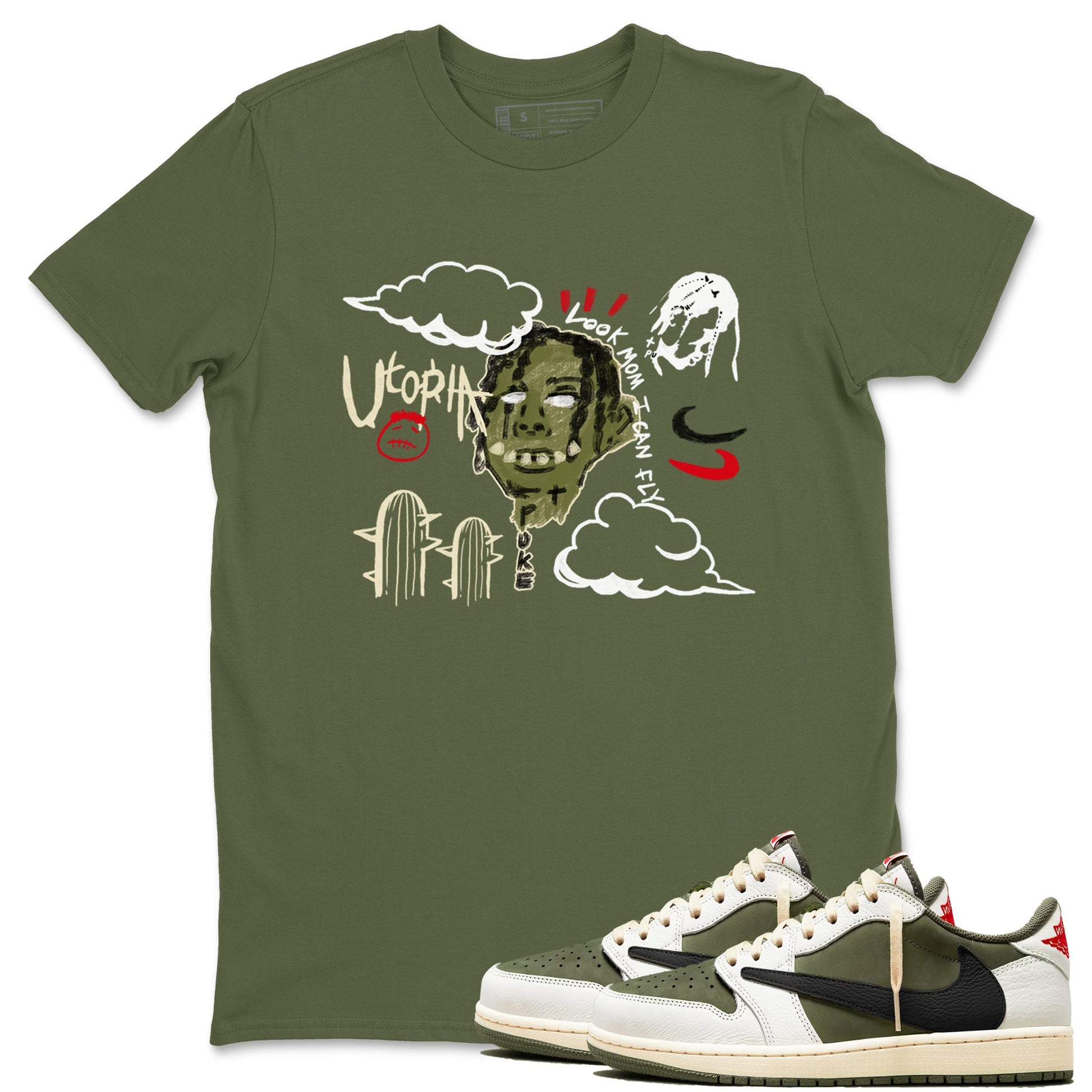 1s Travis Scott Medium Olive shirts to match jordans I Can Fly sneaker match tees Air Jordan 1 Travis Scott Medium Olive SNRT Sneaker Tees streetwear brand Military Green 1 unisex cotton tee