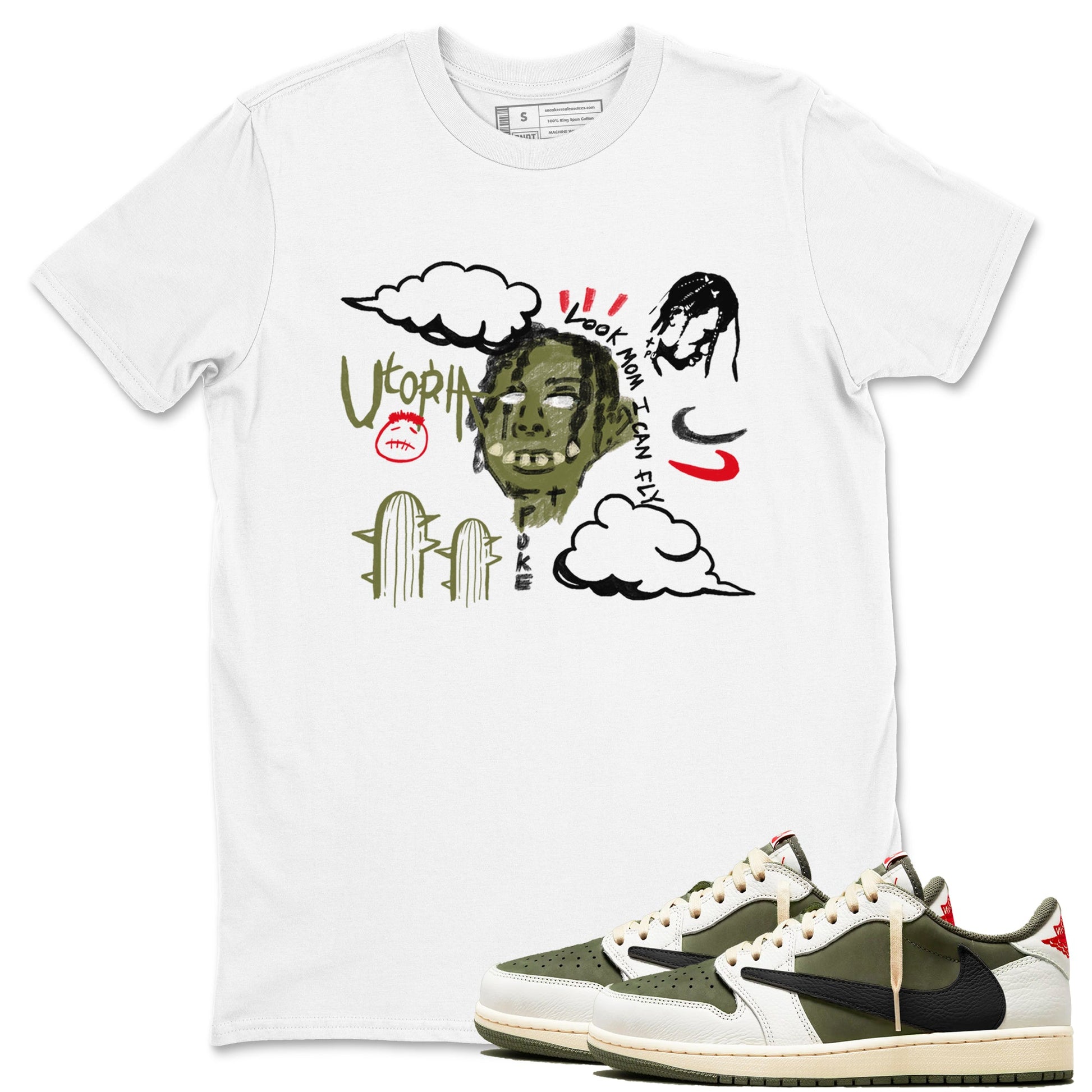 1s Travis Scott Medium Olive shirts to match jordans I Can Fly sneaker match tees Air Jordan 1 Travis Scott Medium Olive SNRT Sneaker Tees streetwear brand White 1 unisex cotton tee