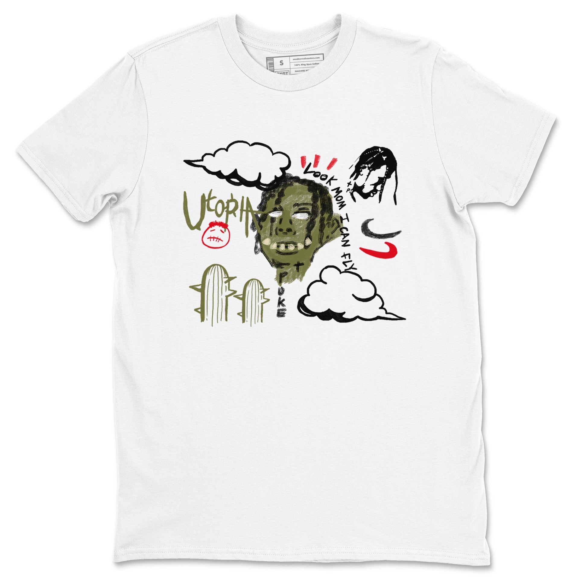 1s Travis Scott Medium Olive shirts to match jordans I Can Fly sneaker match tees Air Jordan 1 Travis Scott Medium Olive SNRT Sneaker Tees streetwear brand White 2 unisex cotton tee