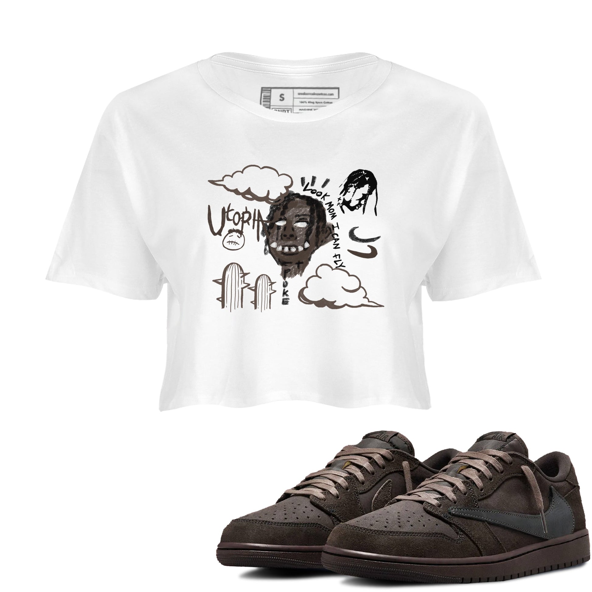 1s Travis Scott Velvet Brown shirts to match jordans I Can Fly best t shirts to wear with jordans Travis Scott x Air Jordan 1 Low OG Velvet Brown match shoes to clothes SNRT Sneaker Tees unisex cotton White 1 crop tee