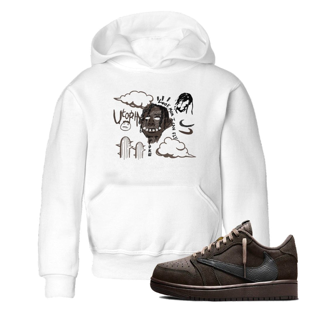 1s Travis Scott Velvet Brown shirts to match jordans I Can Fly best t shirts to wear with jordans Travis Scott x Air Jordan 1 Low OG Velvet Brown match shoes to clothes SNRT Sneaker Tees Youth Baby White 1 tee