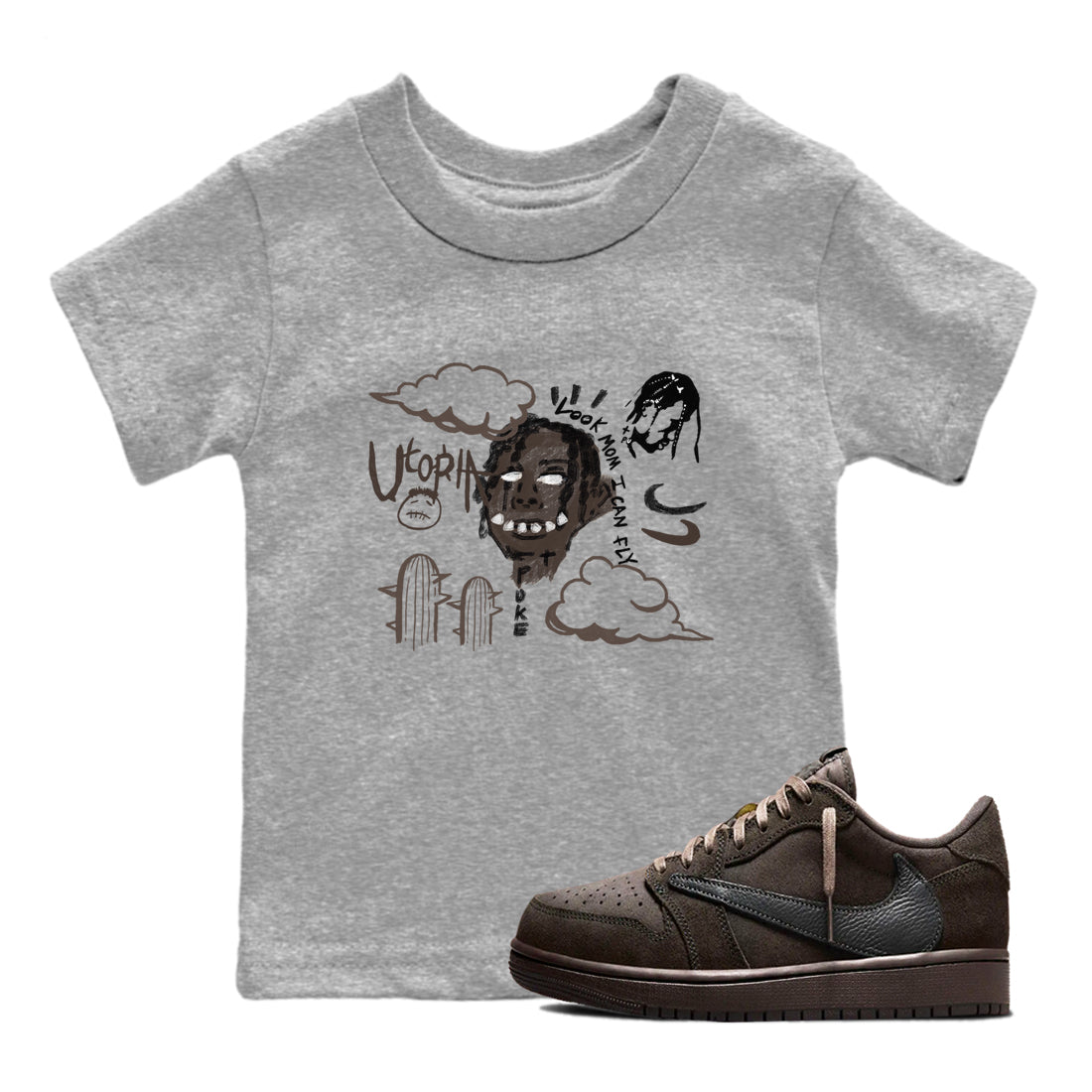 1s Travis Scott Velvet Brown shirts to match jordans I Can Fly best t shirts to wear with jordans Travis Scott x Air Jordan 1 Low OG Velvet Brown match shoes to clothes SNRT Sneaker Tees Youth Baby Heather Grey 1 tee