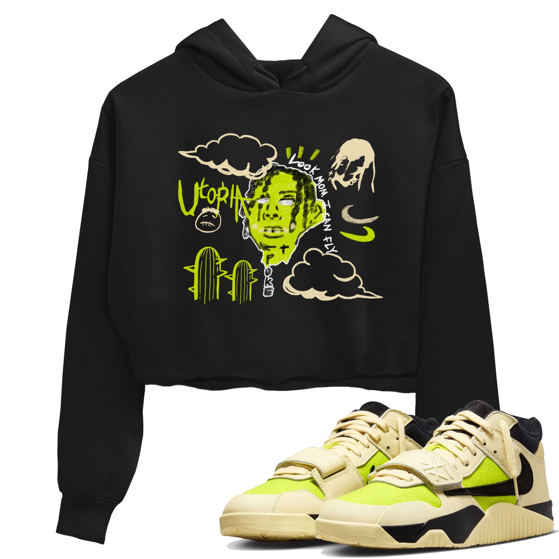 I Can Fly womens crop tee made to vibe with the Jordan Jumpman Jack Travis Scott Bright Cactus sneakers — the perfect match in Black 1.