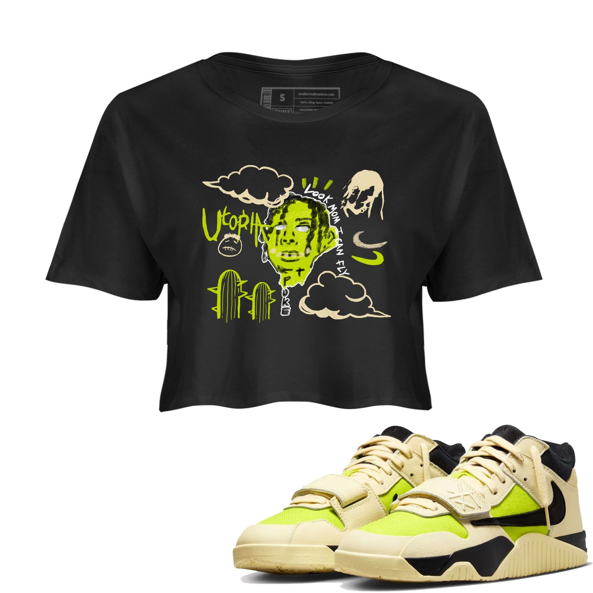 I Can Fly womens crop tee made to vibe with the Jordan Jumpman Jack Travis Scott Bright Cactus sneakers — the perfect match in Black 1.