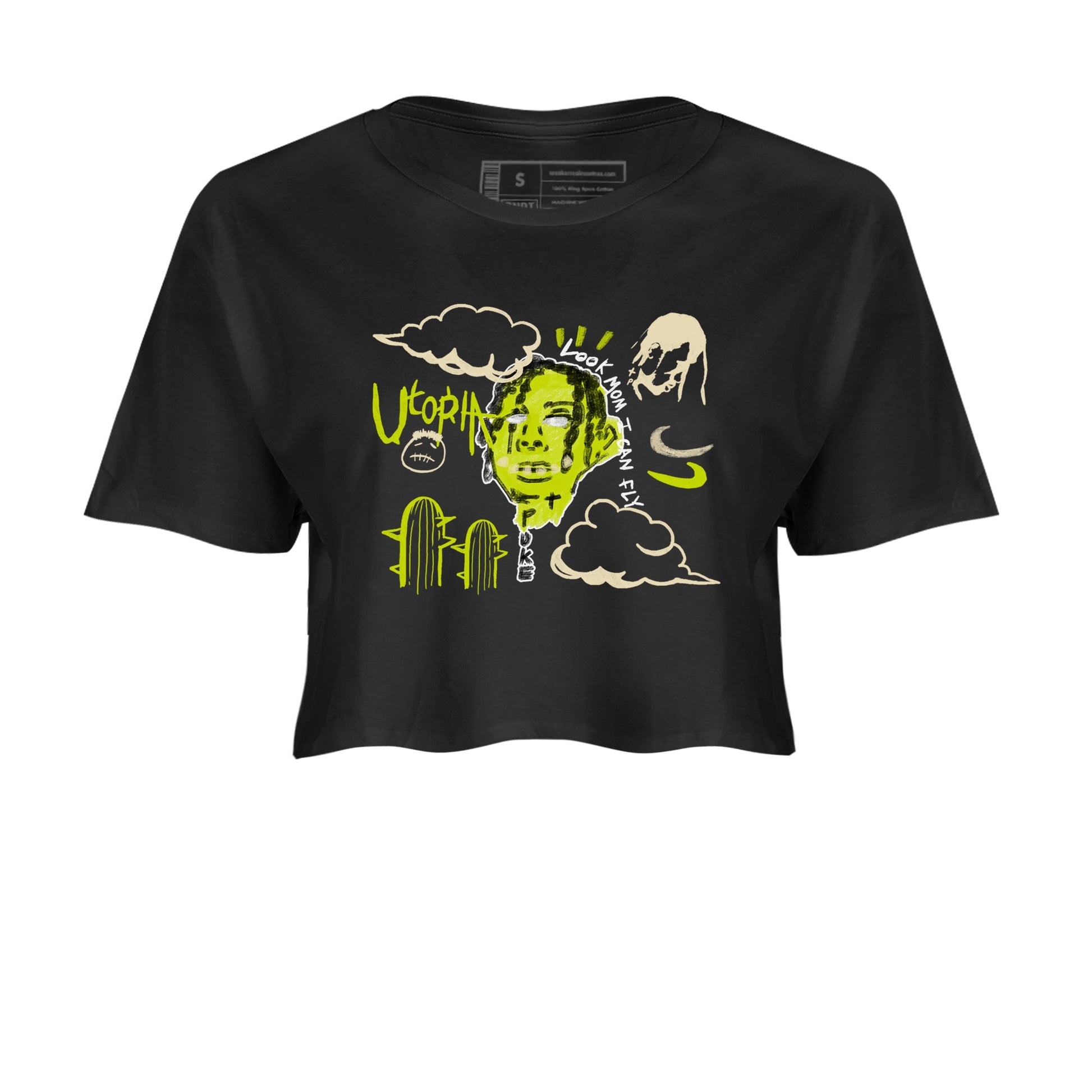 I Can Fly womens crop tee made to vibe with the Jordan Jumpman Jack Travis Scott Bright Cactus sneakers — the perfect match in Black 2.