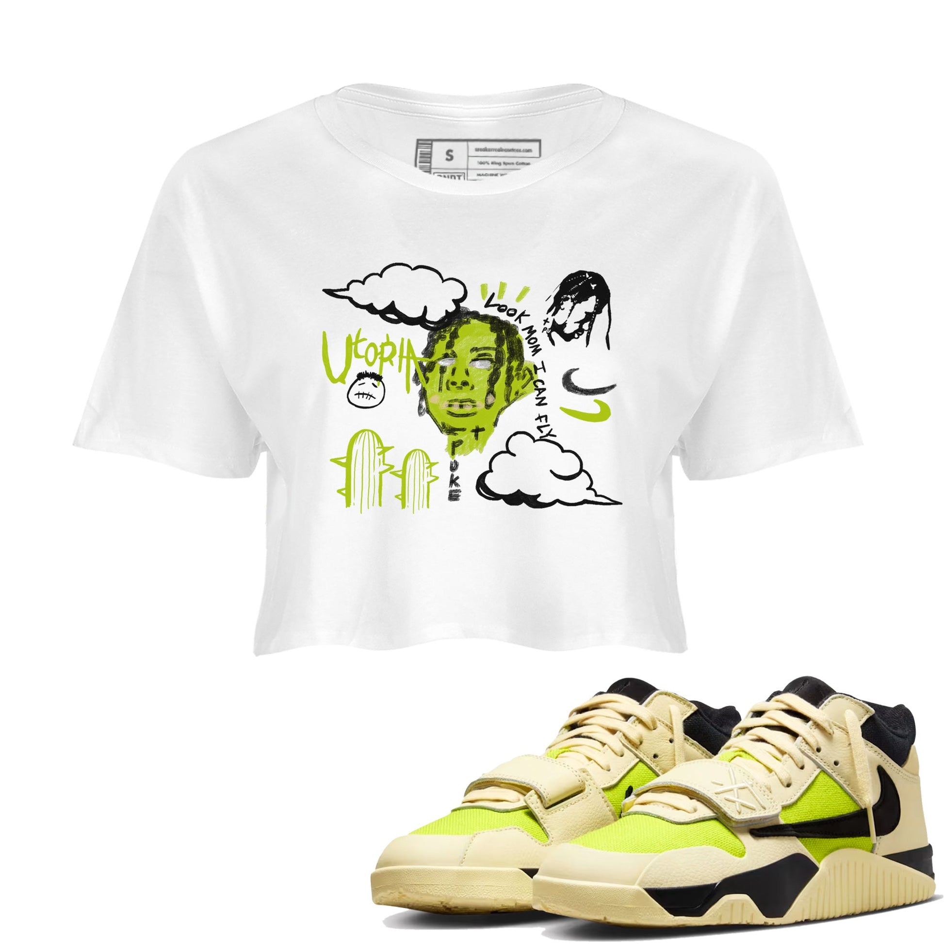 I Can Fly womens crop tee made to vibe with the Jordan Jumpman Jack Travis Scott Bright Cactus sneakers — the perfect match in White 1.