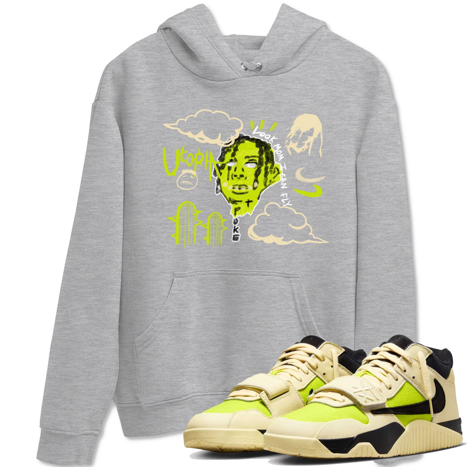I Can Fly sneaker match t-shirt styled to complete your fit with the Jordan Jumpman Jack Travis Scott Bright Cactus sneakers, shown in Heather Grey 1.