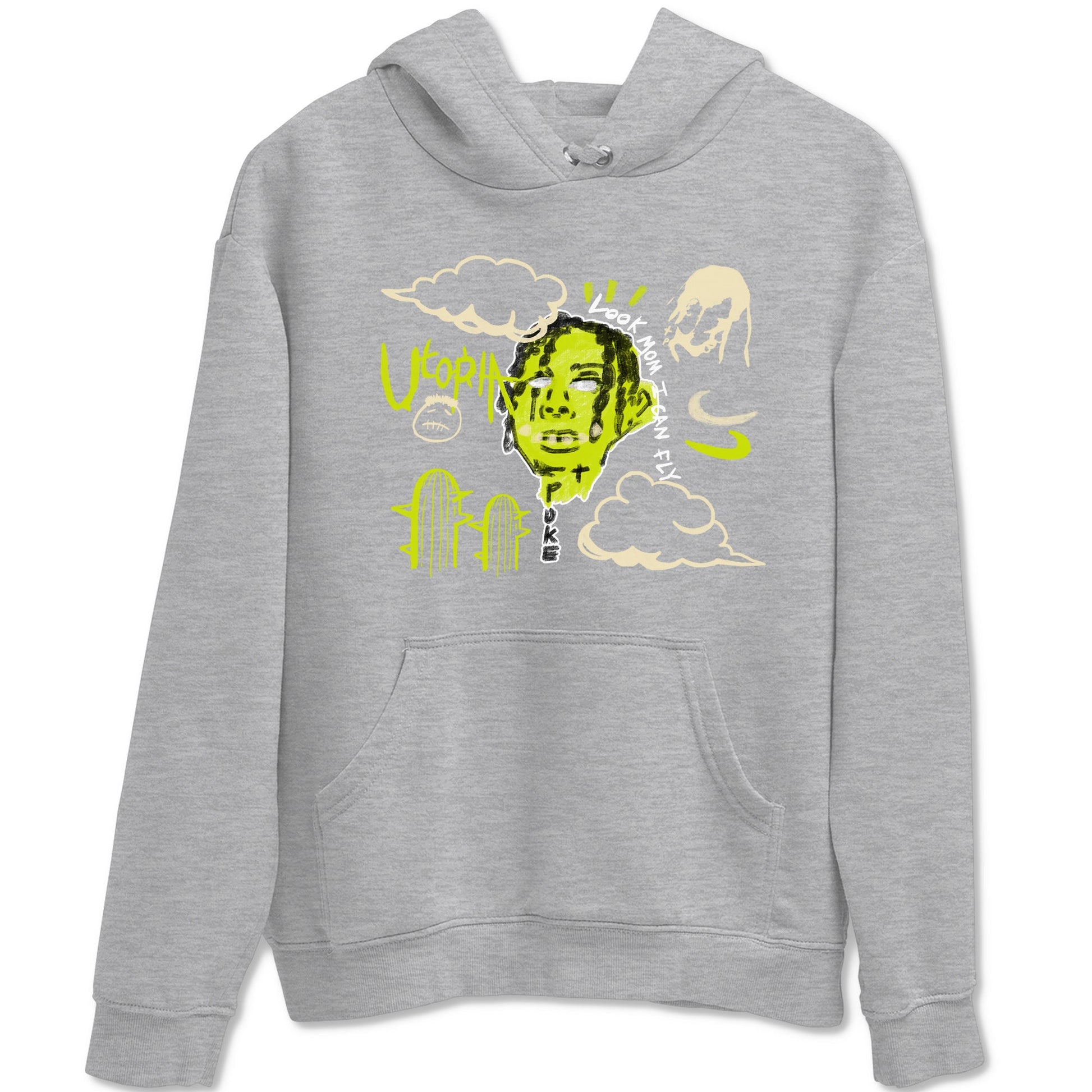 I Can Fly sneaker match t-shirt styled to complete your fit with the Jordan Jumpman Jack Travis Scott Bright Cactus sneakers, shown in Heather Grey 2.