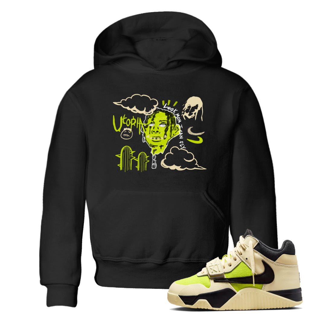 I Can Fly baby and kids t-shirt crafted for little sneakerheads to shine with the Jordan Jumpman Jack Travis Scott Bright Cactus sneakers, displayed in Black 1.