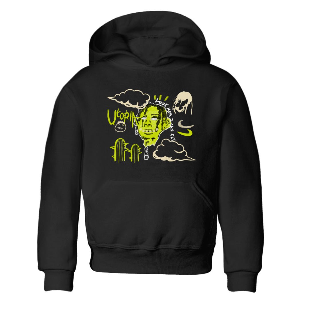 I Can Fly baby and kids t-shirt crafted for little sneakerheads to shine with the Jordan Jumpman Jack Travis Scott Bright Cactus sneakers, displayed in Black 2.