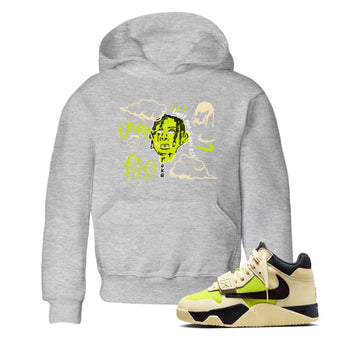 I Can Fly baby and kids t-shirt crafted for little sneakerheads to shine with the Jordan Jumpman Jack Travis Scott Bright Cactus sneakers, displayed in Heather Grey 1.