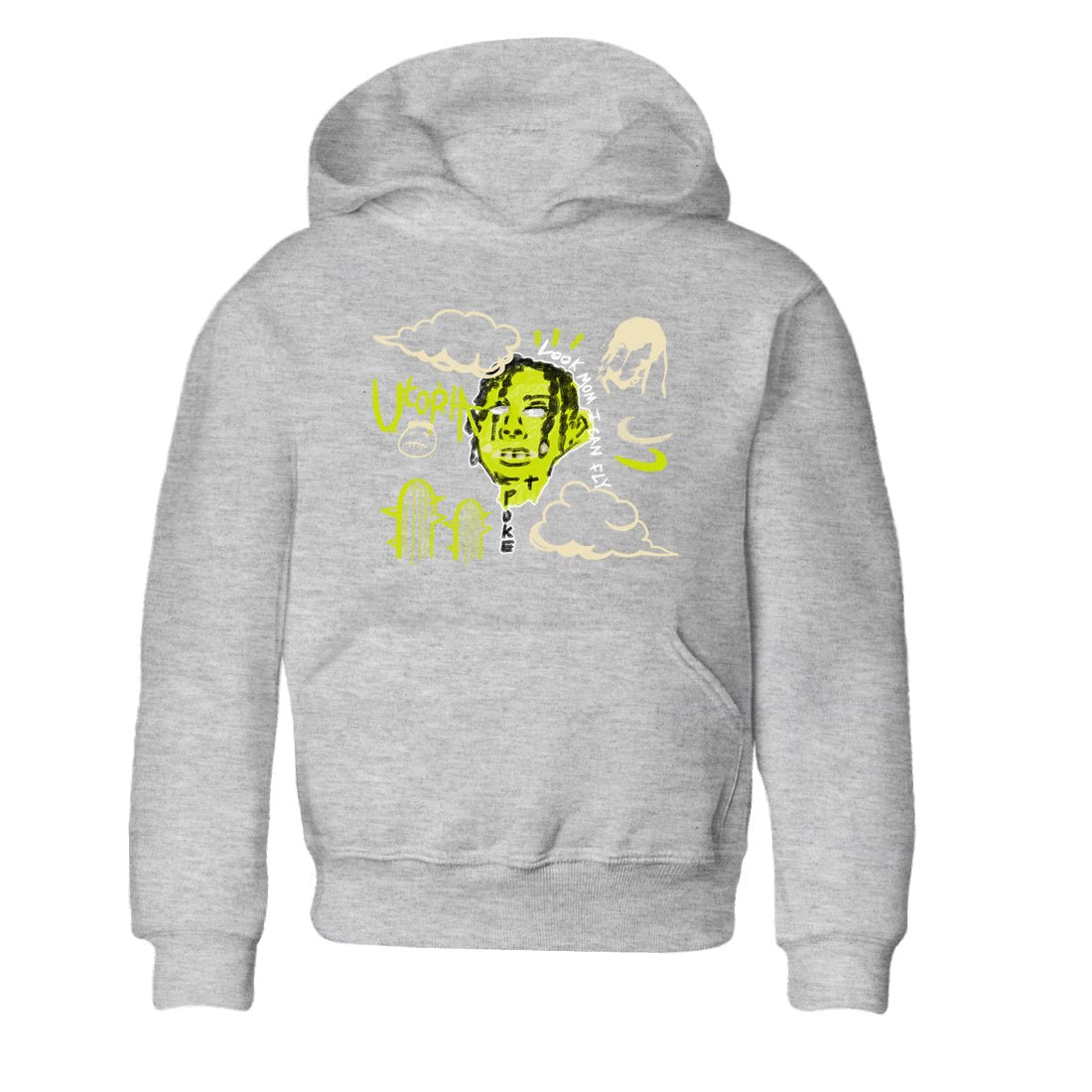 I Can Fly baby and kids t-shirt crafted for little sneakerheads to shine with the Jordan Jumpman Jack Travis Scott Bright Cactus sneakers, displayed in Heather Grey 2.