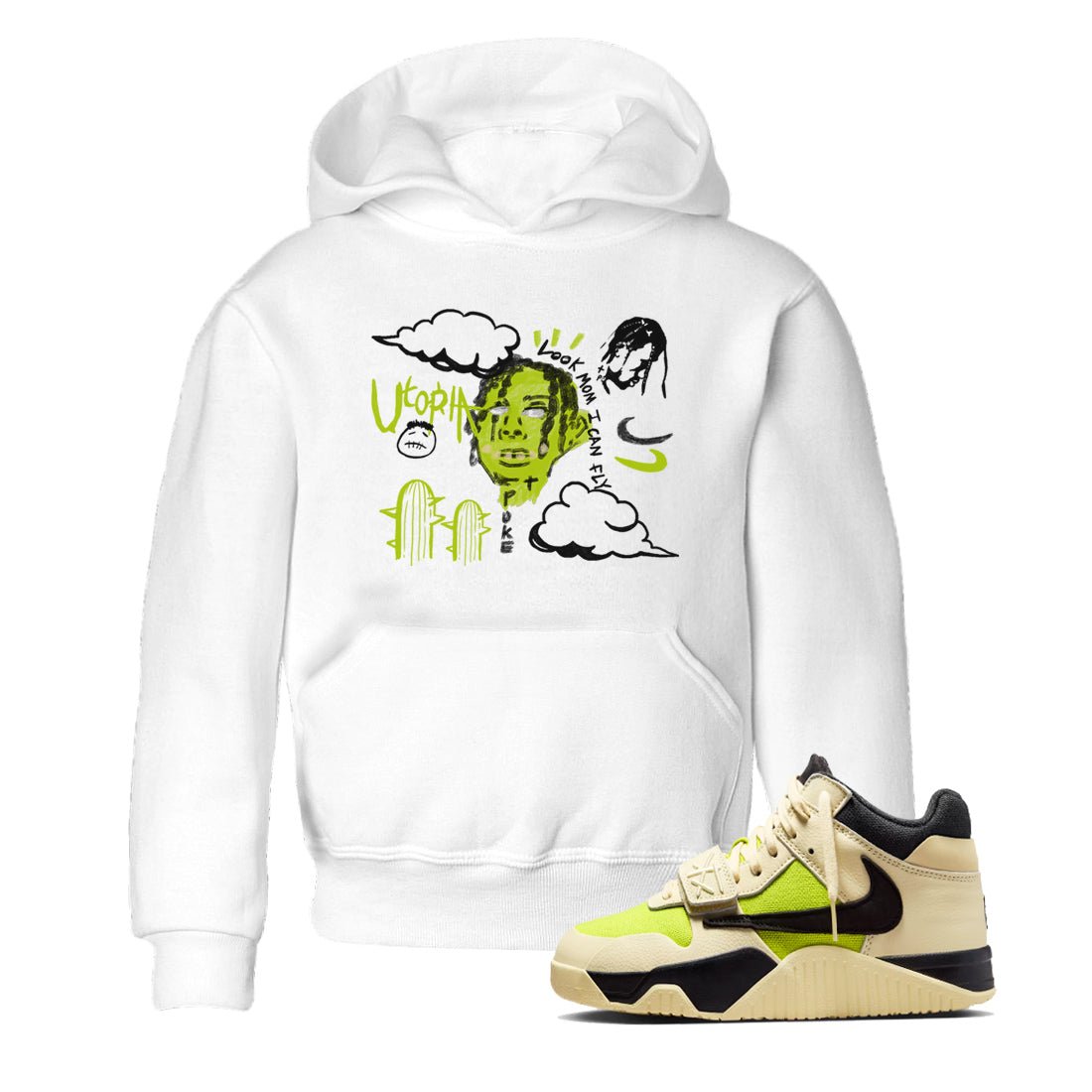 I Can Fly baby and kids t-shirt crafted for little sneakerheads to shine with the Jordan Jumpman Jack Travis Scott Bright Cactus sneakers, displayed in White 1.
