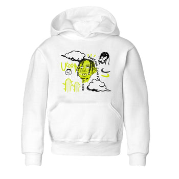 I Can Fly baby and kids t-shirt crafted for little sneakerheads to shine with the Jordan Jumpman Jack Travis Scott Bright Cactus sneakers, displayed in White 2.