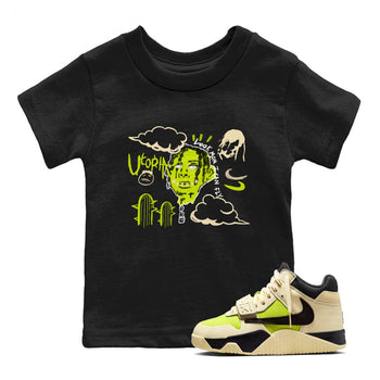 I Can Fly baby and kids t-shirt crafted for little sneakerheads to shine with the Jordan Jumpman Jack Travis Scott Bright Cactus sneakers, displayed in Black 1.