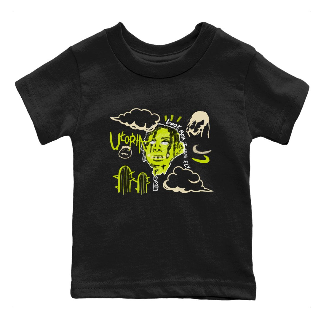 I Can Fly baby and kids t-shirt crafted for little sneakerheads to shine with the Jordan Jumpman Jack Travis Scott Bright Cactus sneakers, displayed in Black 2.
