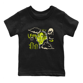 I Can Fly baby and kids t-shirt crafted for little sneakerheads to shine with the Jordan Jumpman Jack Travis Scott Bright Cactus sneakers, displayed in Black 2.