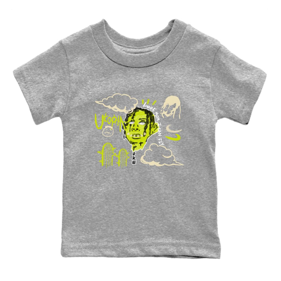 I Can Fly baby and kids t-shirt crafted for little sneakerheads to shine with the Jordan Jumpman Jack Travis Scott Bright Cactus sneakers, displayed in Heather Grey 2.