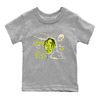 I Can Fly baby and kids t-shirt crafted for little sneakerheads to shine with the Jordan Jumpman Jack Travis Scott Bright Cactus sneakers, displayed in Heather Grey 2.
