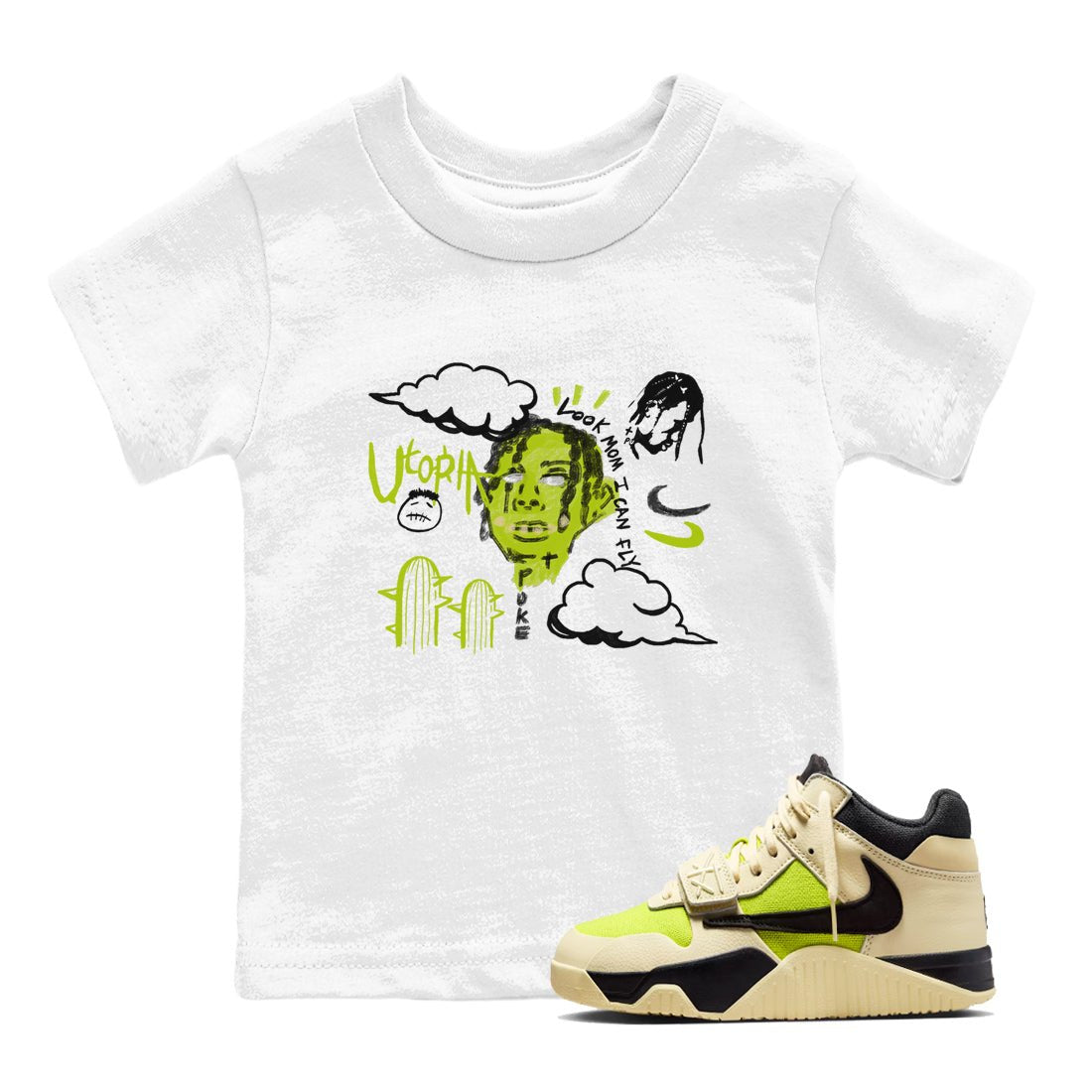I Can Fly baby and kids t-shirt crafted for little sneakerheads to shine with the Jordan Jumpman Jack Travis Scott Bright Cactus sneakers, displayed in White 1.