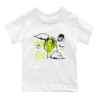 I Can Fly baby and kids t-shirt crafted for little sneakerheads to shine with the Jordan Jumpman Jack Travis Scott Bright Cactus sneakers, displayed in White 2.