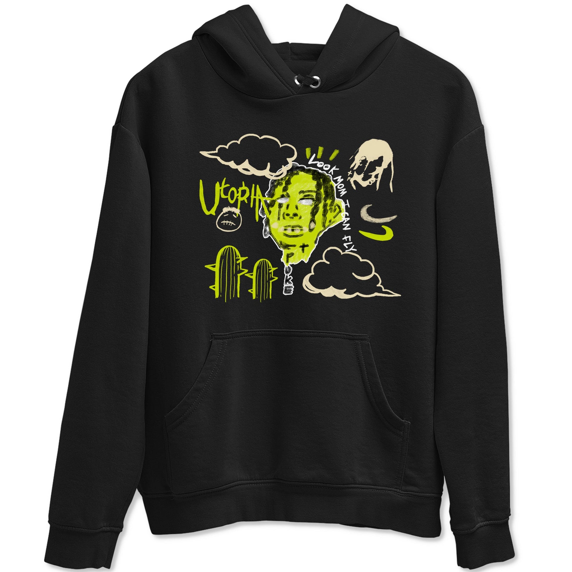 I Can Fly sneaker match t-shirt styled to complete your fit with the Jordan Jumpman Jack Travis Scott Bright Cactus sneakers, shown in Black 2.
