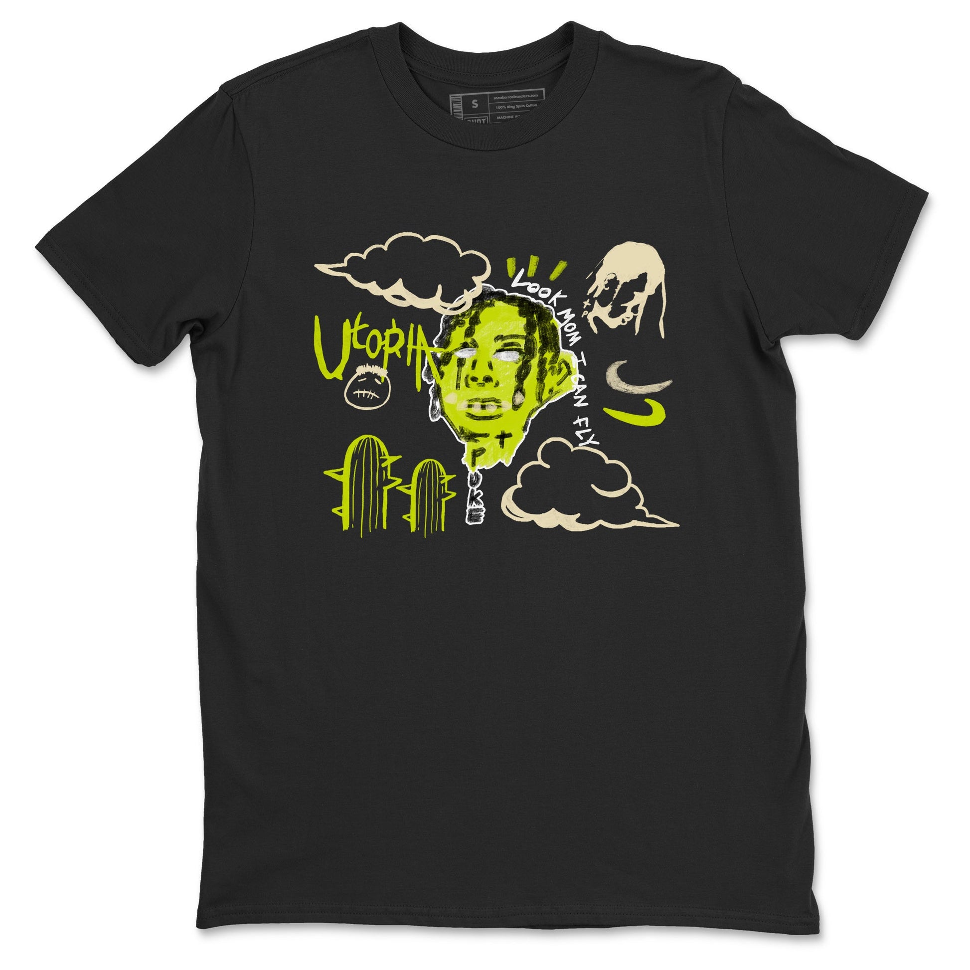 I Can Fly sneaker match t-shirt styled to complete your fit with the Jordan Jumpman Jack Travis Scott Bright Cactus sneakers, shown in Black 2.