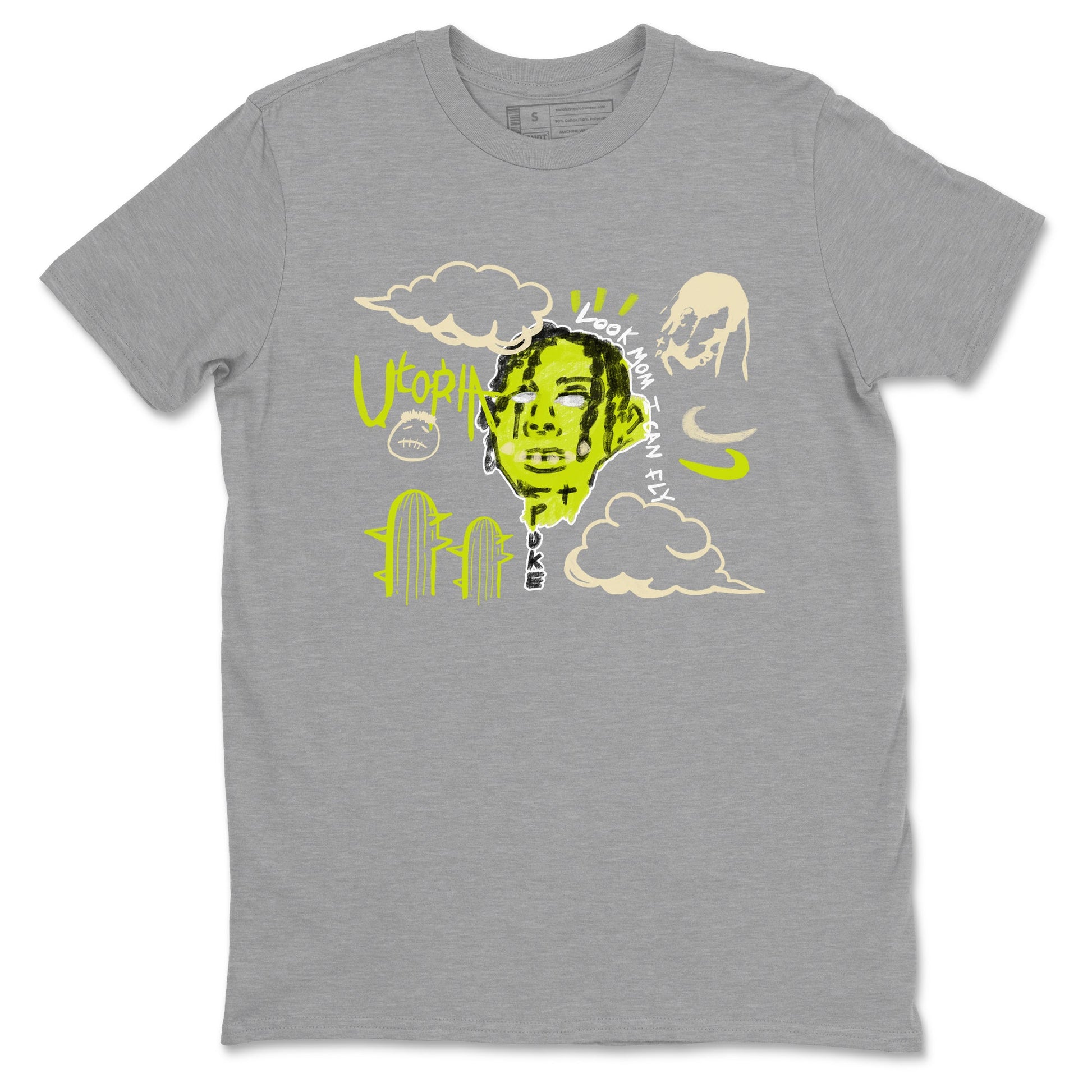 I Can Fly sneaker match t-shirt styled to complete your fit with the Jordan Jumpman Jack Travis Scott Bright Cactus sneakers, shown in Heather Grey 2.
