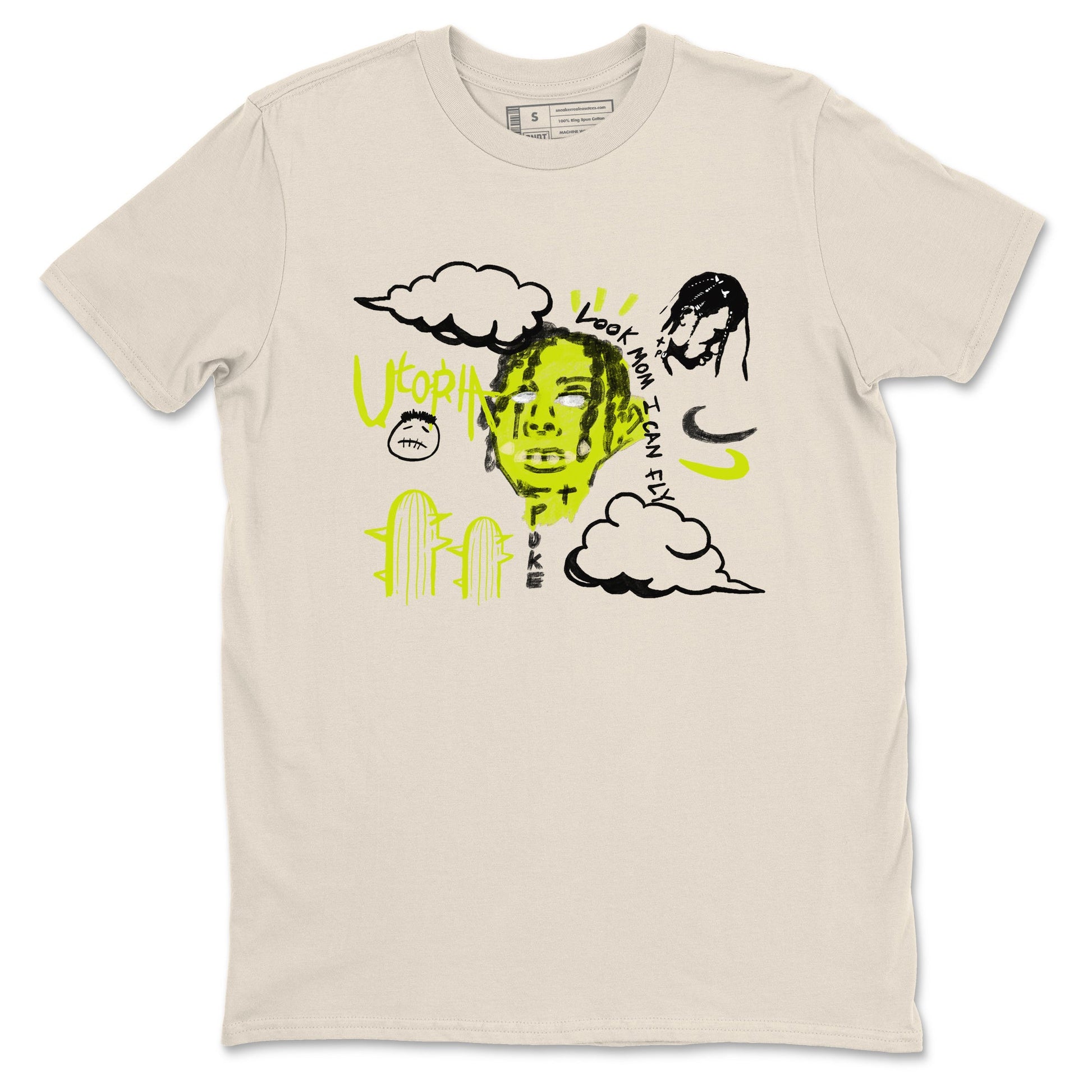 I Can Fly sneaker match t-shirt styled to complete your fit with the Jordan Jumpman Jack Travis Scott Bright Cactus sneakers, shown in Natural 2.