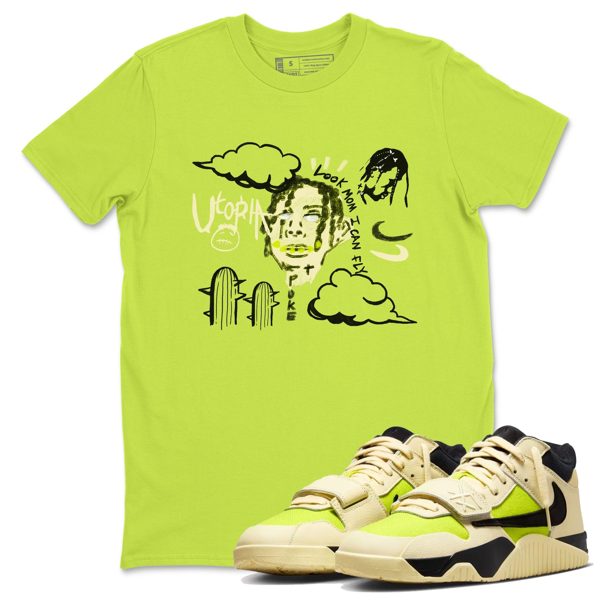 I Can Fly sneaker match t-shirt styled to complete your fit with the Jordan Jumpman Jack Travis Scott Bright Cactus sneakers, shown in Safety Green 1.