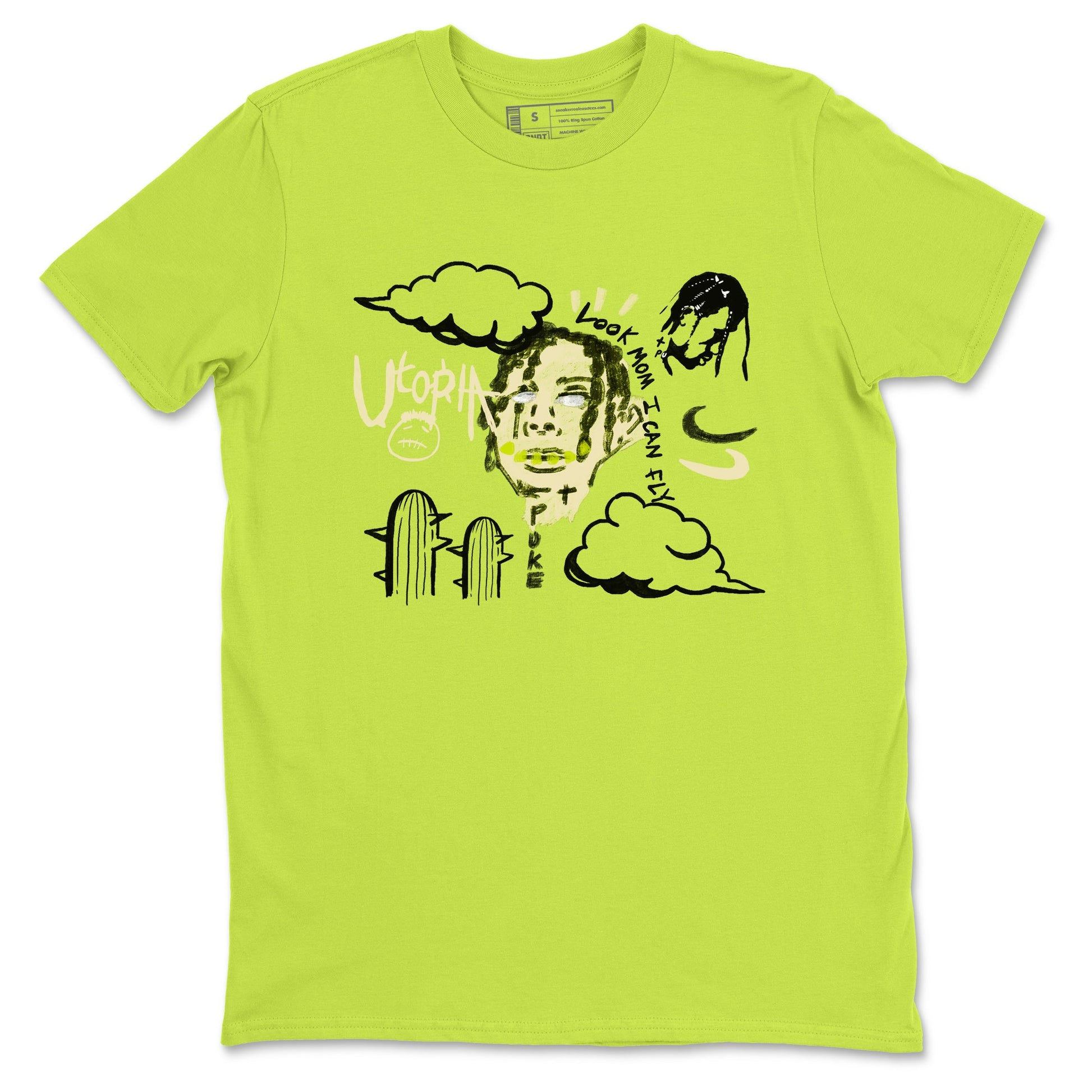 I Can Fly sneaker match t-shirt styled to complete your fit with the Jordan Jumpman Jack Travis Scott Bright Cactus sneakers, shown in Safety Green 2.