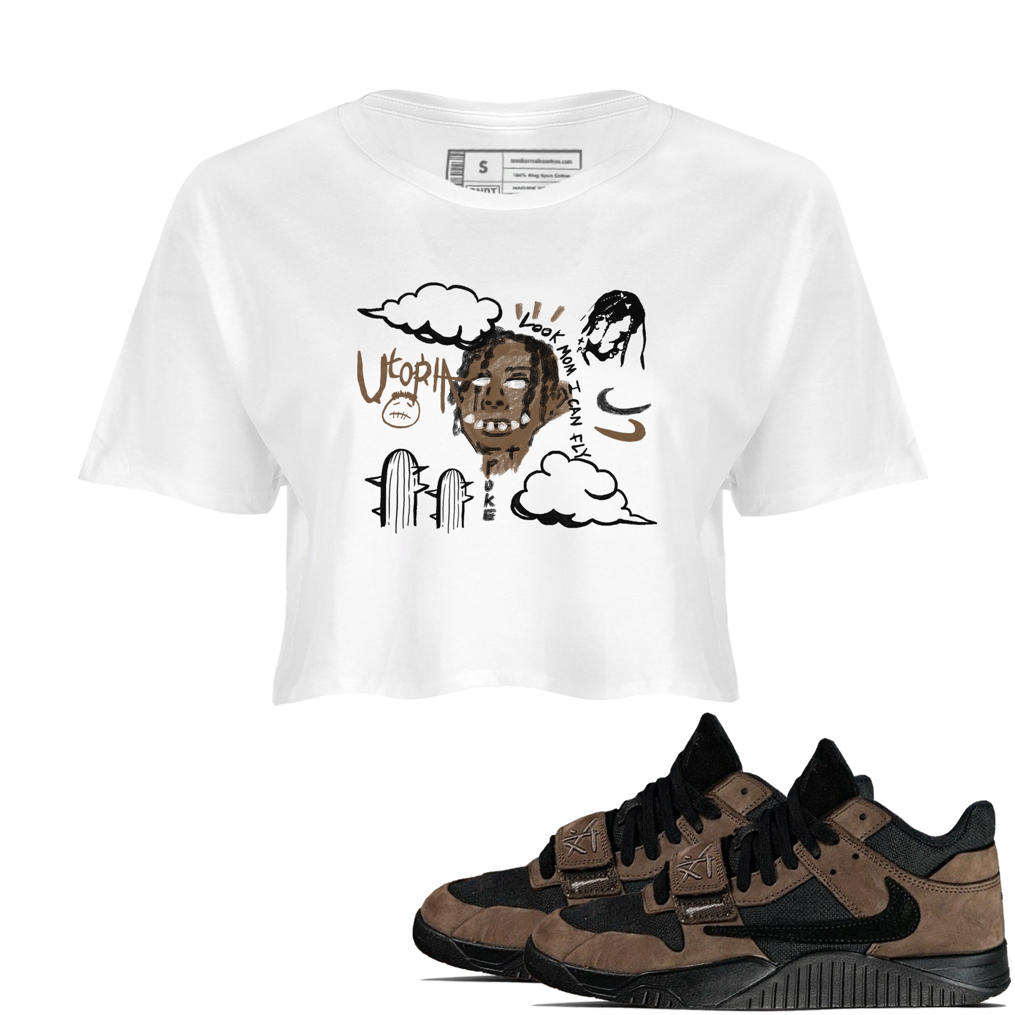 Jordan Jumpman Jack Travis Scott Dark Mocha shirts to match jordans I Can Fly sneaker match tees Jordan Jumpman Jack Travis Scott Dark Mocha SNRT Sneaker Tees streetwear brand White 1 crop tee