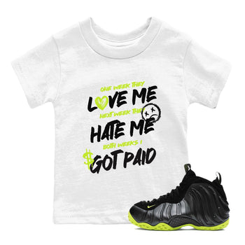 Foams One Black Volt shirts to match jordans I Got Paid sneaker match tees Air Foamposite One Black and Volt match shoes to clothes SNRT Sneaker Tees Youth Baby White 1 tee