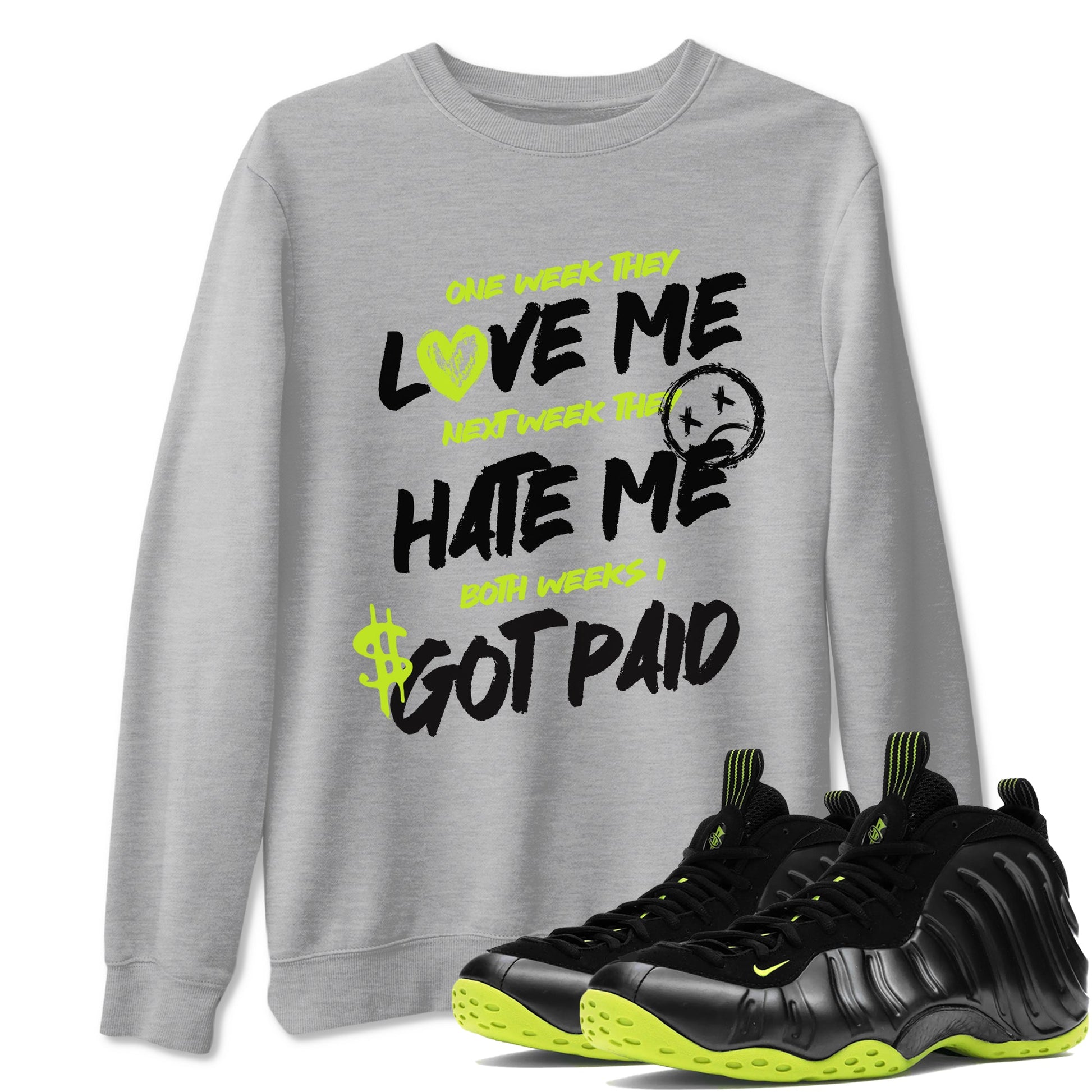 Foams One Black Volt shirts to match jordans I Got Paid sneaker match tees Air Foamposite One Black and Volt match shoes to clothes SNRT Sneaker Tees unisex cotton Heather Grey 1 shirts